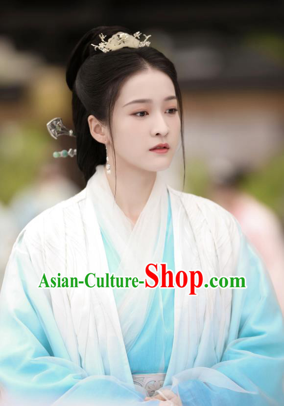 Chinese Ancient Princess Consort Rong Le Blue Dress Historical Drama Princess Silver Pink Costume and Headpiece for Women