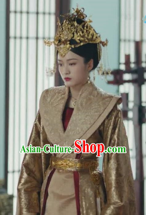 Chinese Ancient Queen Rong Le Golden Historical Drama Princess Silver Costume and Headpiece for Women