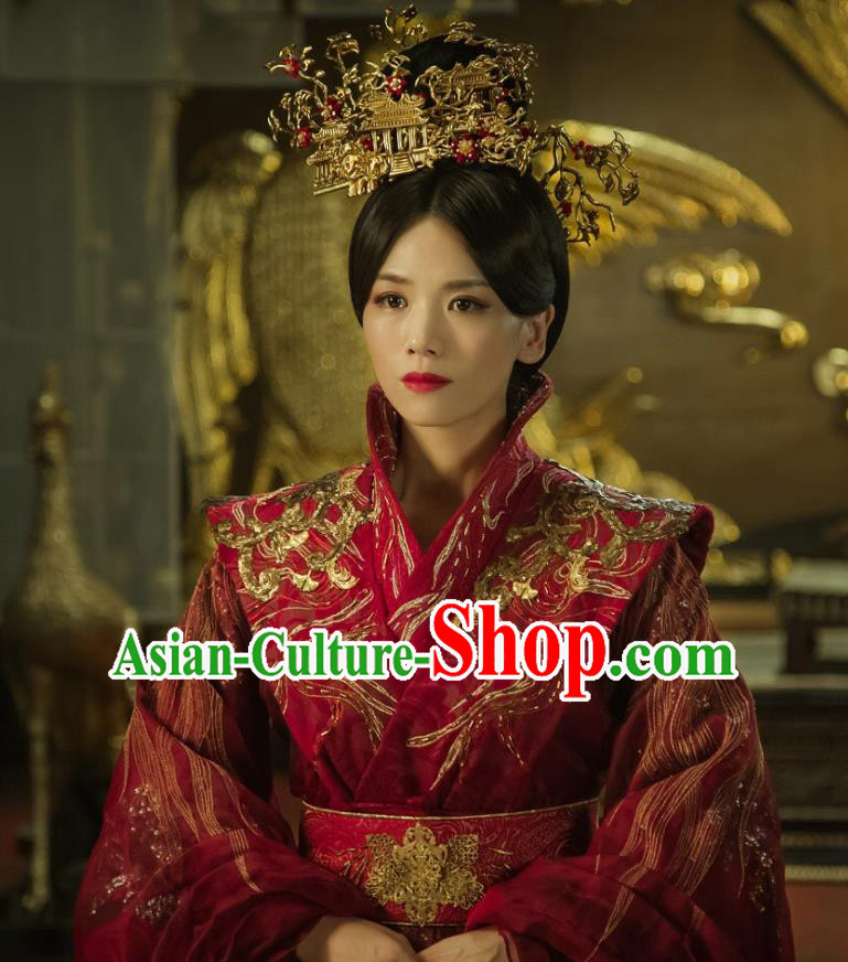 Chinese Ancient Palace Empress Zheng Shujun Red Hanfu Dress Historical Drama Legend of the Phoenix Costume and Headpiece for Women