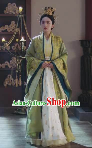 Chinese Ancient Royal Empress Rong Le Green Historical Drama Princess Silver Costume and Headpiece for Women