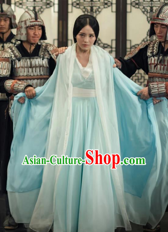 Chinese Ancient Elder Princess Pang Zhen Blue Hanfu Dress Historical Drama Legend of the Phoenix Costume and Headpiece for Women