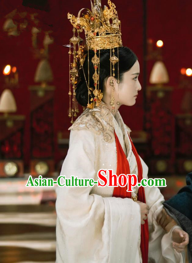 Chinese Ancient Queen Drama Princess Silver Rong Yue Historical Costume and Headpiece for Women