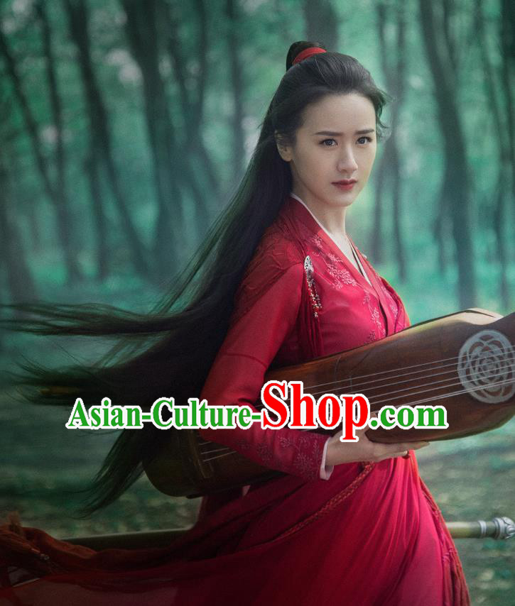 Chinese Ancient Female Swordsman Shu Jingrong Red Hanfu Dress Historical Drama Listening Snow Tower Costume and Headpiece for Women