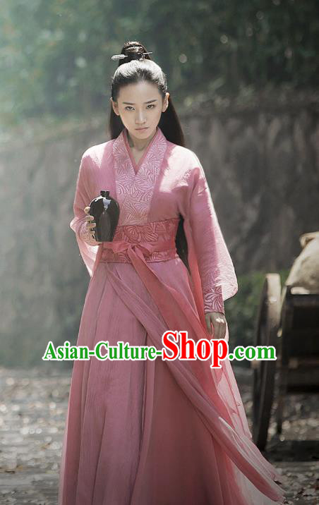 Chinese Ancient Demon Female Swordsman Pink Hanfu Dress Historical Drama Listening Snow Tower Costume and Headpiece for Women
