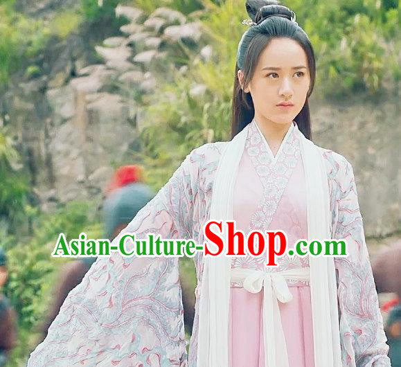 Chinese Ancient Demon Swordsman Shu Jingrong Pink Hanfu Dress Historical Drama Listening Snow Tower Costume and Headpiece for Women