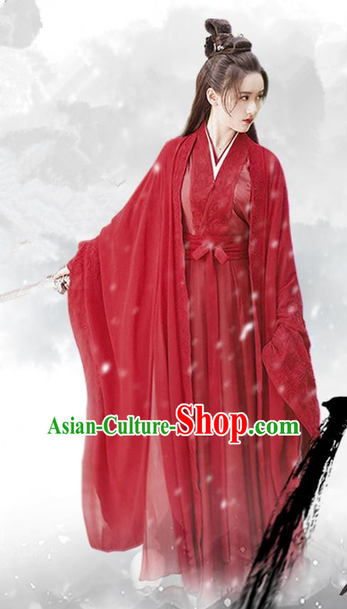 Chinese Ancient Female Swordsman Shu Jingrong Red Hanfu Dress Historical Drama Listening Snow Tower Costume and Headpiece for Women