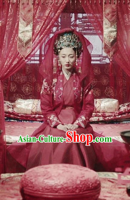 Chinese Ancient Ming Dynasty Wedding Red Dress Drama Under the Power Shangguan Xi Costume and Headpiece for Women