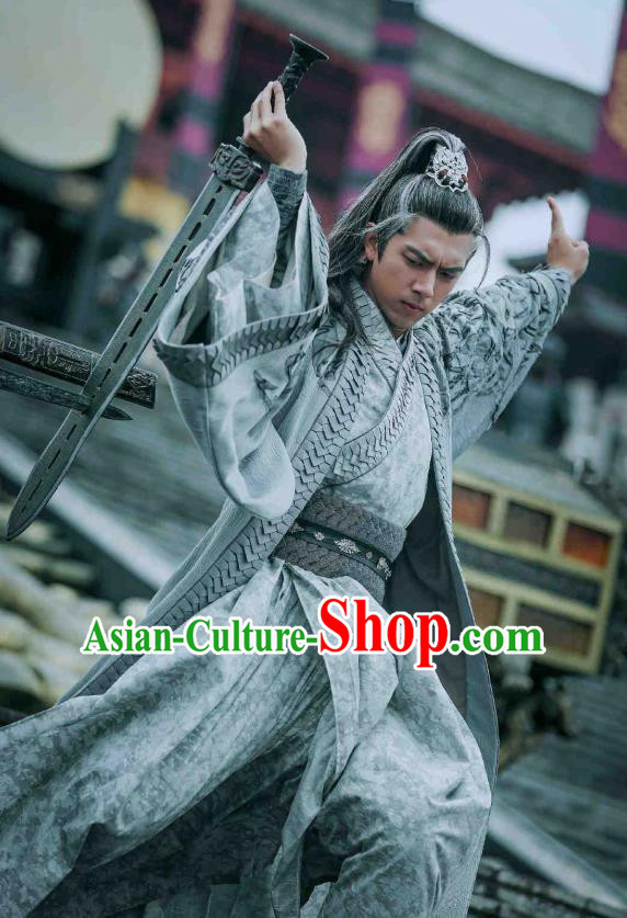 Drama Sword Dynasty Chinese Ancient Swordsman Knight Ding Ning Costume and Headpiece Complete Set