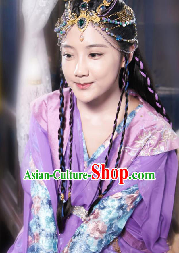 Chinese Ancient Noble Lady A Ruan Purple Dress Historical Drama Cinderella Chef Costume and Headpiece for Women