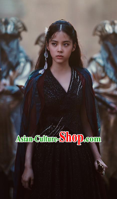 Chinese Ancient Goddess Luo Li Black Dress Historical Drama The Great Ruler Costume and Headpiece for Women