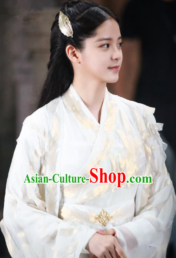 Chinese Ancient Goddess Maiden Luo Li White Dress Historical Drama The Great Ruler Nana Ouyang Costume and Headpiece for Women