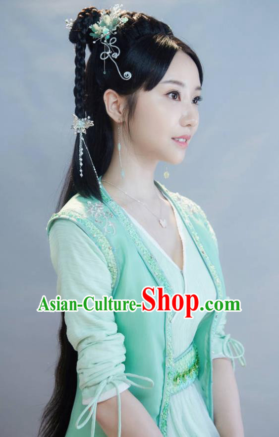 Chinese Ancient Young Lady Sheng Sheng Green Dress Historical Drama Cinderella Chef Costume and Headpiece for Women