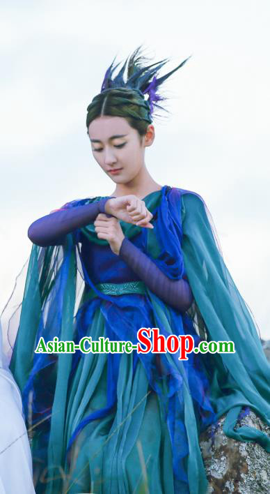 Chinese Ancient Fairy Jiu You Blue Dress Historical Drama The Great Ruler Costume and Headpiece for Women