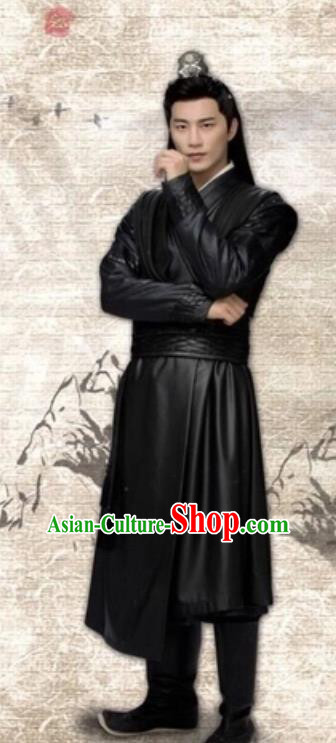 Drama Cinderella Chef Chinese Ancient Swordsman Xia Chunyu Black Costume and Headpiece Complete Set