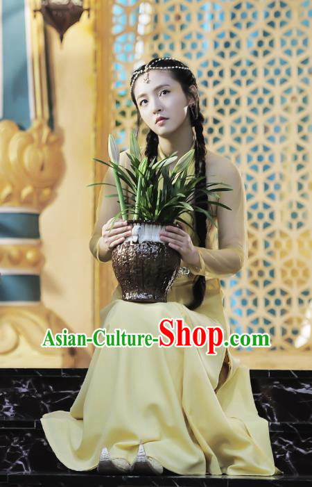 Chinese Ancient Tang Dynasty Maidservant Yellow Dress Historical Drama An Oriental Odyssey Costume and Headpiece for Women