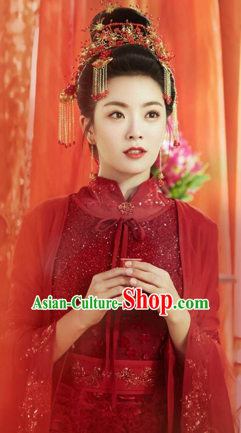 Chinese Ancient Noble Lady Ye Jiayao Wedding Red Dress Historical Drama Cinderella Chef Costume and Headpiece for Women