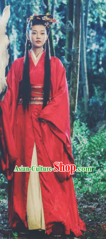 Chinese Ancient Qin Dynasty Imperial Consort Yu Ji Red Dress Historical Drama Hero Dream Costume and Headpiece for Women