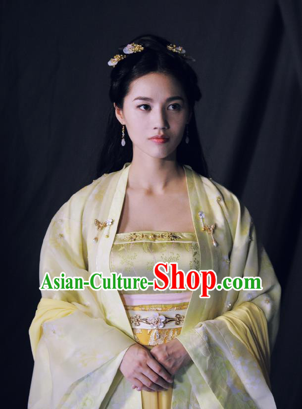 Chinese Ancient Tang Dynasty Princess Ming Hui Yellow Dress Historical Drama An Oriental Odyssey Costume and Headpiece for Women