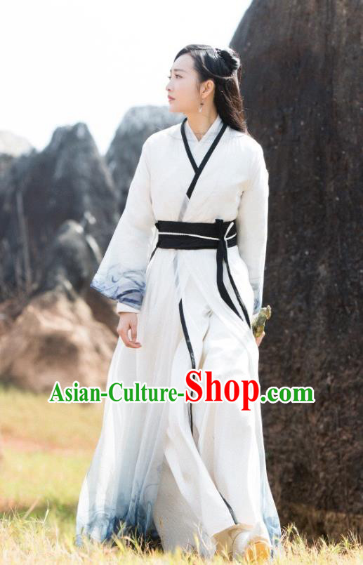 Chinese Ancient Swordsman Yu Wei White Dress Historical Drama The Legend of Jade Sword Wang Ou Costume and Headpiece for Women