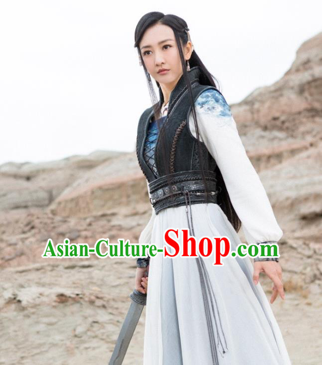 Chinese Ancient Swordsman Yu Wei Dress Historical Drama The Legend of Jade Sword Wang Ou Costume and Headpiece for Women