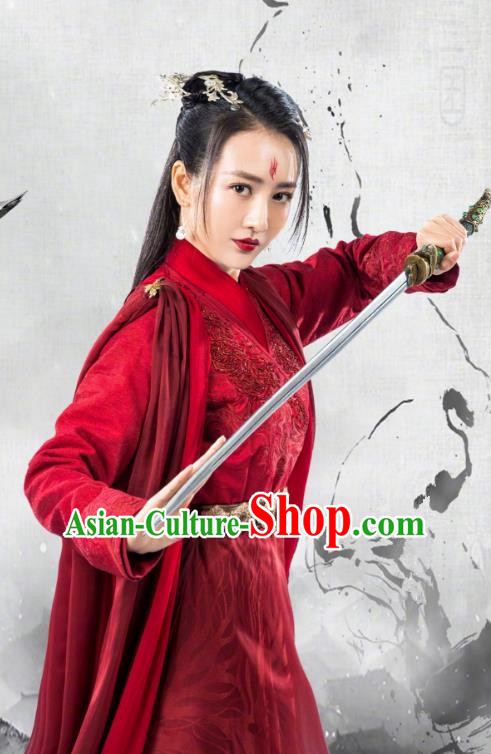 Chinese Ancient Female Swordsman Yu Wei Red Dress Historical Drama The Legend of Jade Sword Costume and Headpiece for Women