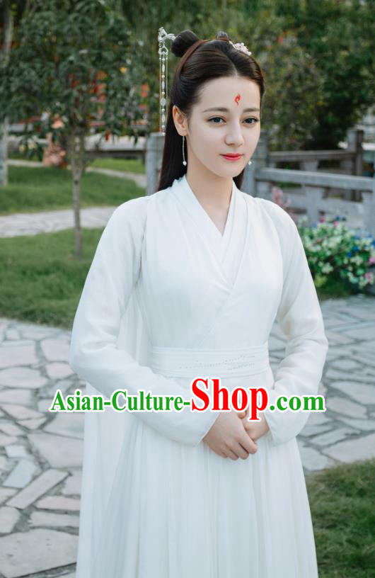 Chinese Ancient Fox Princess Bai Fengjiu White Dress Drama Sansheng Sanshi Pillow Eternal Love of Dream Costume and Headpiece Complete Set