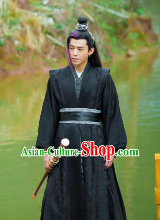 Chinese Ancient Swordsman Hanfu Robe Drama Men with Sword King Zhi Ming Costumes and Headwear