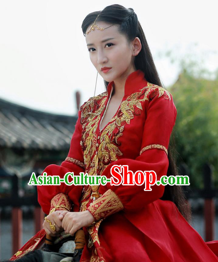 Chinese Ancient Ming Dynasty Female Swordsman Tian Miaowen Red Dress Historical Drama The Dark Lord Costume and Headpiece for Women