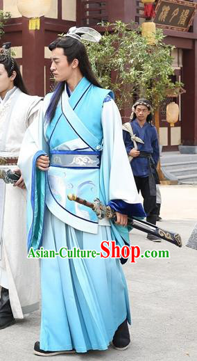 Drama Men with Sword Chinese Ancient Childe Swordsman Gongsun Qian Costume and Headpiece Complete Set