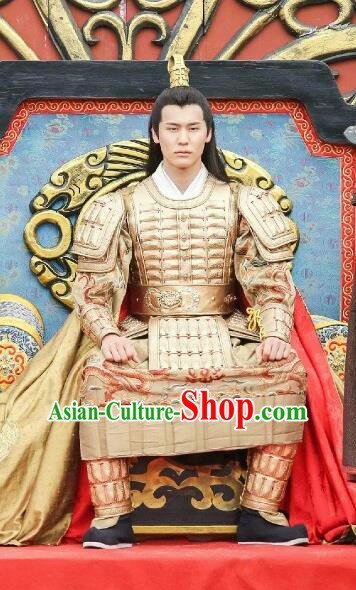 Drama Men with Sword Chinese Ancient King Qi Kun General Armor Costume and Headpiece Complete Set