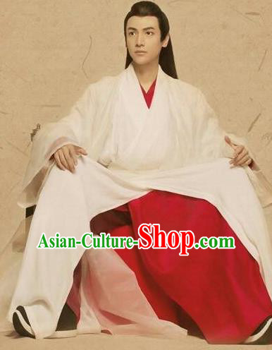 Chinese Ancient King White Apparel Clothing and Jade Hairpin Drama Pingli Fox Childe Yu Yan Costumes and Headwear