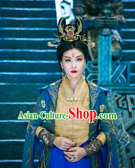 Chinese Ancient Queen Mother Dress Historical Drama The Taosim Crandmaster Empress Costumes and Hair Crown