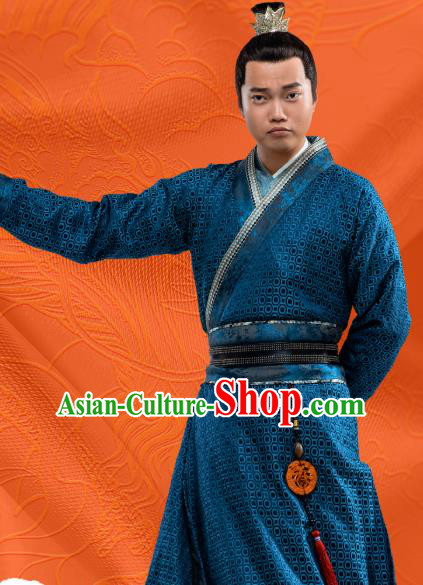 Chinese Ancient Swordsman Blue Clothing and Hairdo Crown Drama Oh My Emperor Costumes