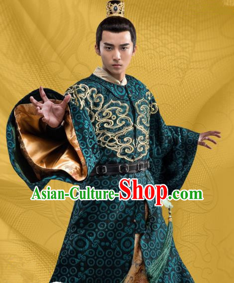 Chinese Ancient Royal Prince Green Clothing and Hairdo Crown Drama Oh My Emperor Beitang Jing Costumes