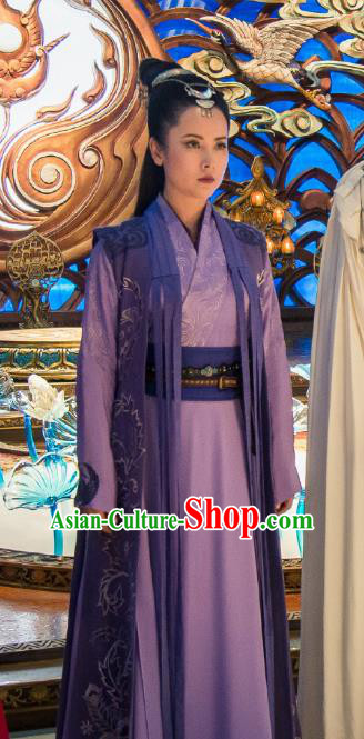 Chinese Ancient Swordsman Costume Historical Drama The Taosim Crandmaster Female Swordsman Lian Bixie Purple Dress and Hair Accessories