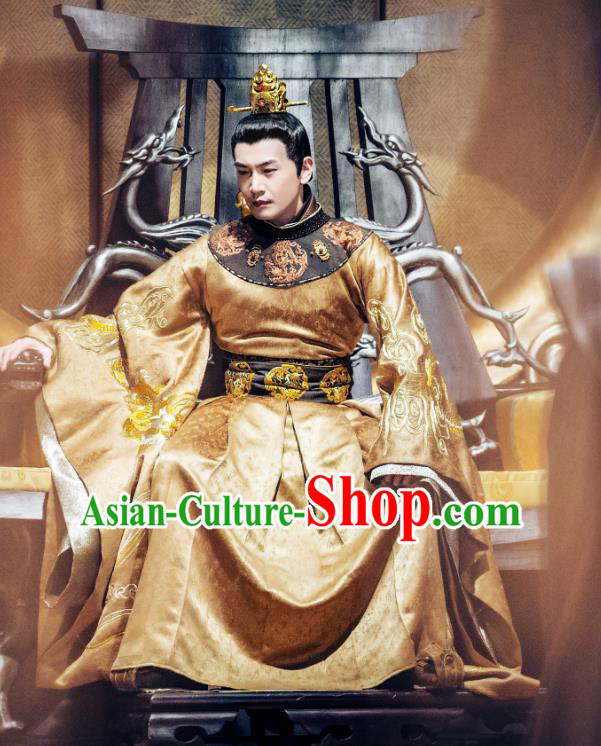 Chinese Ancient Emperor Golden Imperial Robe and Golden Hair Crown Drama Tang Dynasty Tour Li Shimin Costumes