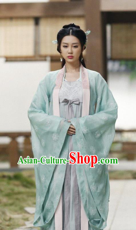 Chinese Ancient Talented Girl Historical Costumes and Hairpins Drama Tang Dynasty Tour Lu Xinyue Blue Hanfu Dress