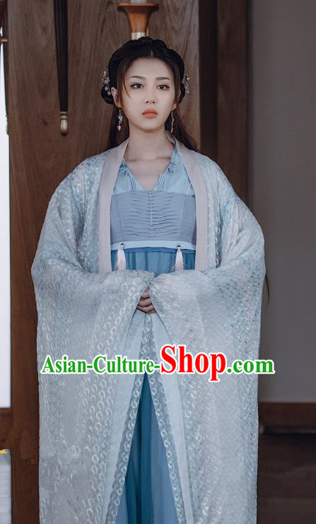 Chinese Ancient Gifted Lady Historical Costumes and Hairpin Drama Tang Dynasty Tour Lu Xinyue Blue Hanfu Dress