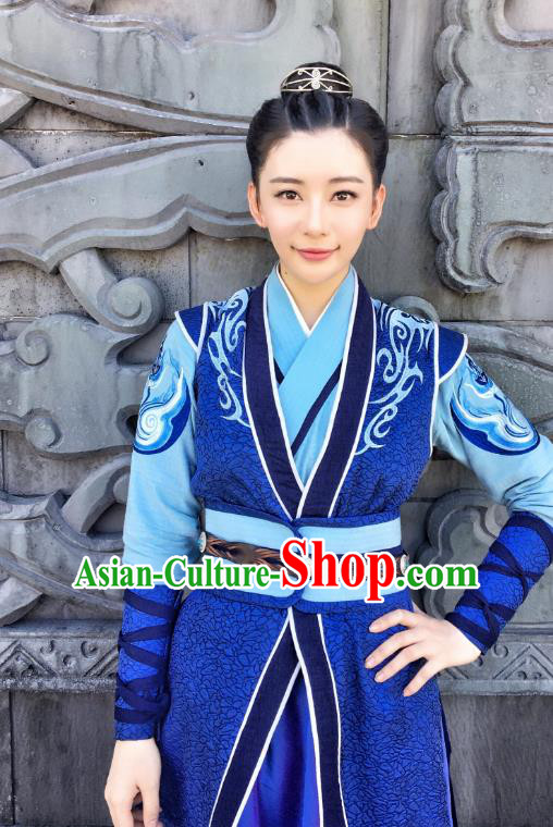 Chinese Ancient Female Swordsman Costume Historical Drama The Taosim Crandmaster Liu Xiang Blue Hanfu Dress and Headwear