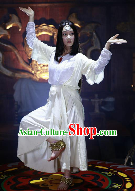 Chinese Ancient Dance Girl Historical Costumes and Headpiece Drama Legend of Southwest Dance and Music Lanma Shandi White Dresses