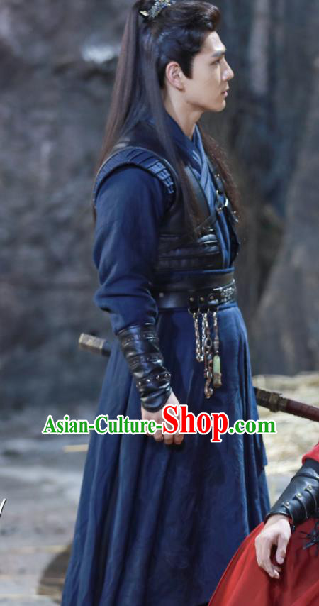 Chinese Ancient Knight Clothing and Hair Crown Drama the Birth of the Dream King Swordsman Navy Costumes