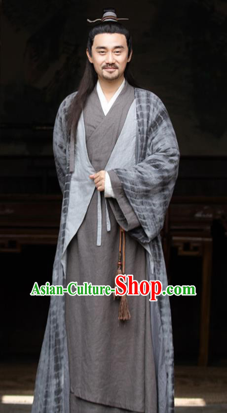 Chinese Ancient Martial Champion Clothing and Hair Crown Drama the Birth of the Dream King Swordsman Grey Costumes