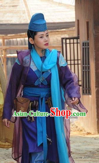 Chinese Ancient Tang Dynasty Historical Costumes and Hat Drama Legend of Southwest Dance and Music Female Swordsman Ye Shaluo Purple Dresses