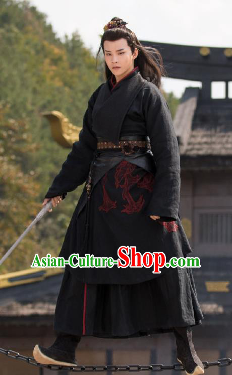 Chinese Ancient Kawaler Black Clothing and Hairdo Crown Drama the Birth of the Dream King Swordsman Ji Chuan Hanfu Costumes