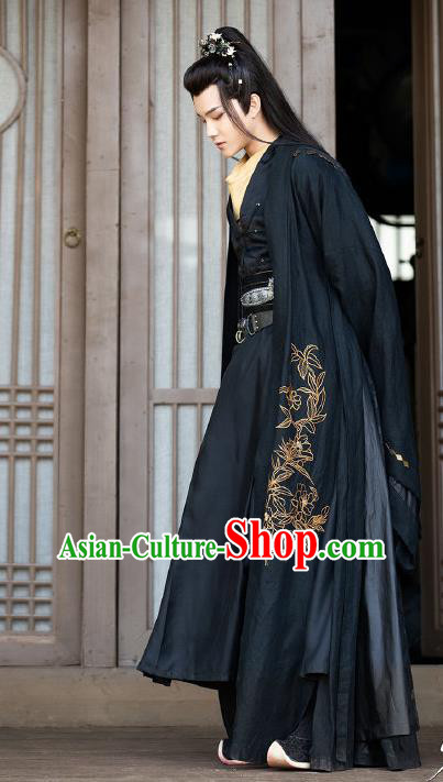 Chinese Ancient Kawaler Black Hanfu Clothing and Hairdo Crown Drama the Birth of the Dream King Swordsman Chief Ji Chuan Costumes