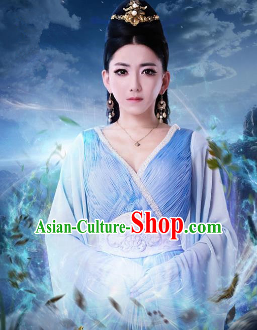 Chinese Ancient Princess Costumes Historical Drama Cover the Sky Sang Ruo Blue Dress and Hairpins