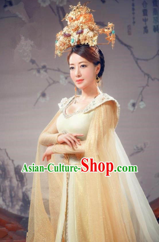 Chinese Ancient Queen Historical Costumes Drama Cover the Sky Empress Dress and Phoenix Coronet