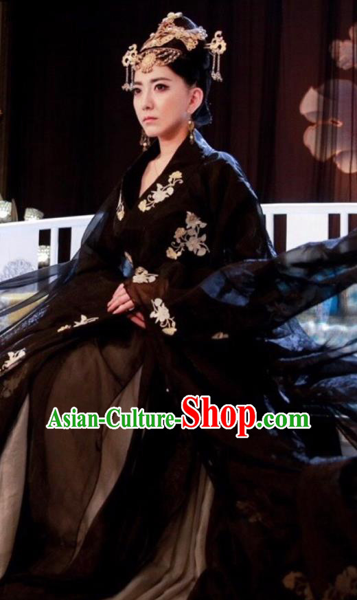 Chinese Ancient Empress Historical Costumes Drama Cover the Sky Queen Sang Ruo Black Hanfu Dress and Hair Jewelries