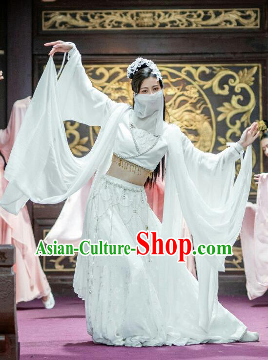 Chinese Ancient Dance Girl Historical Costumes Drama The Romance of Hua Rong White Hanfu Dress and Hair Jewelries