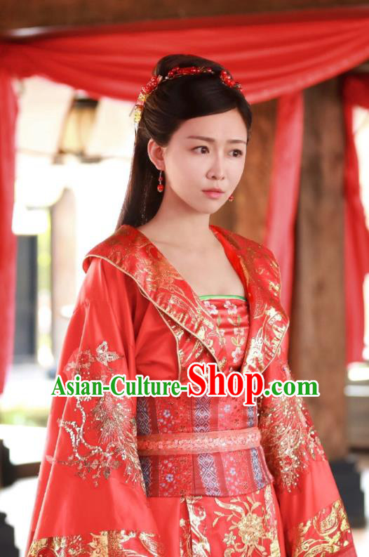 Chinese Ancient Princess Wedding Historical Costumes Drama Princess at Large Ji Xianyun Red Hanfu Dress and Hair Clasp